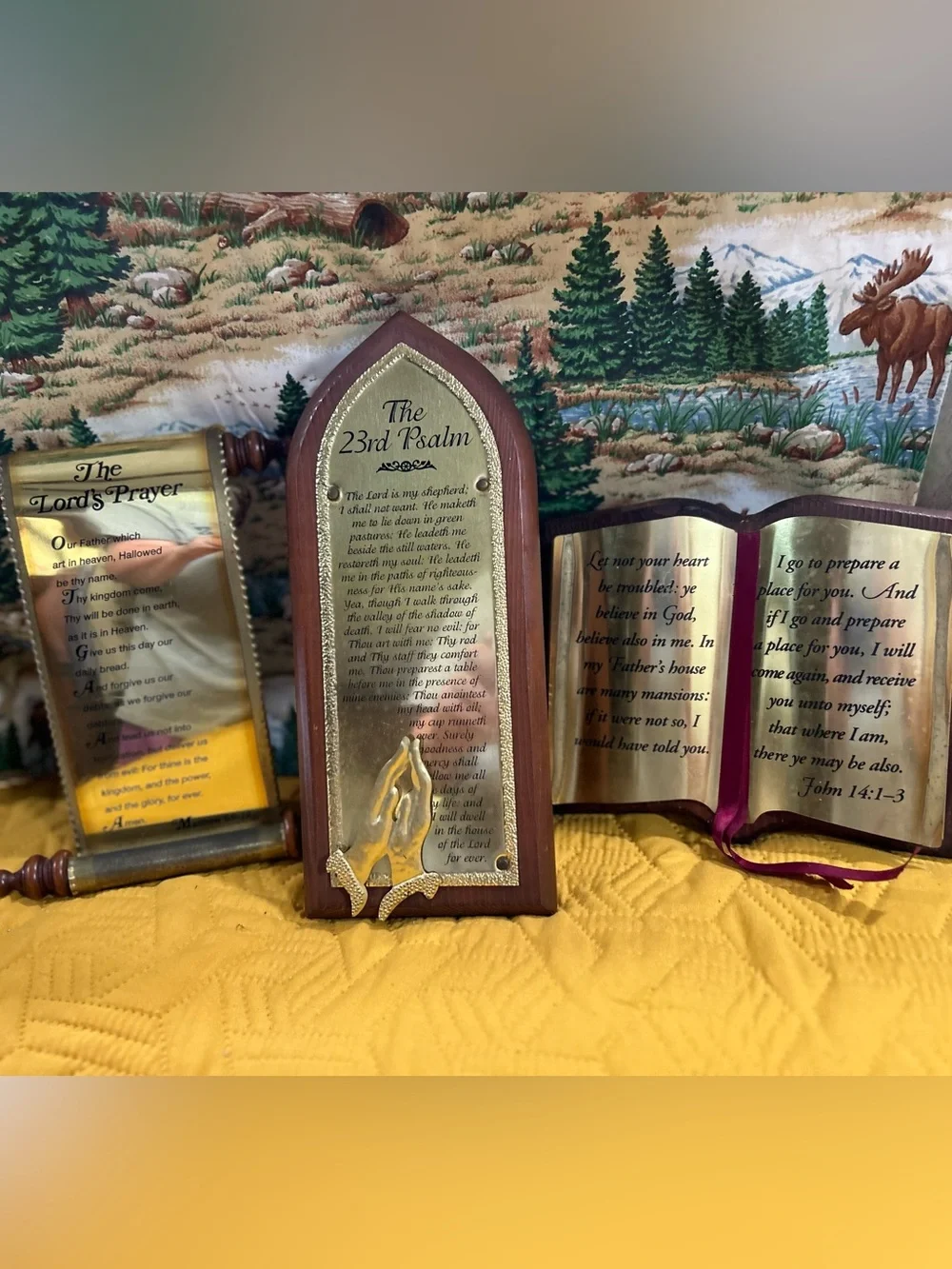 VTG 1970s Homco Brass & Wood Religious Wall Plaque Set - 3pc